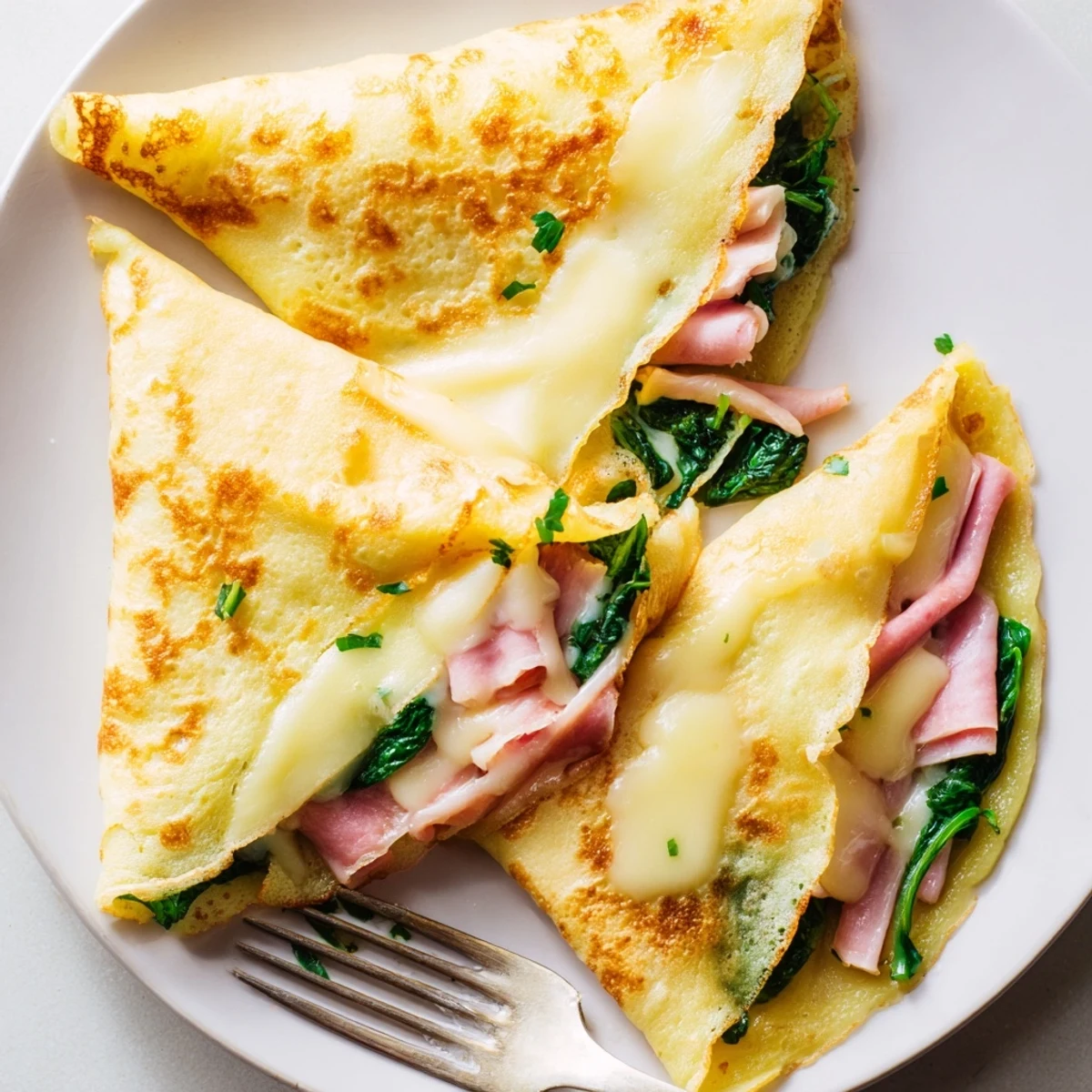 Thin savory crepes rolled with creamy crème fraîche, grated cheese, and tender green spinach leaves