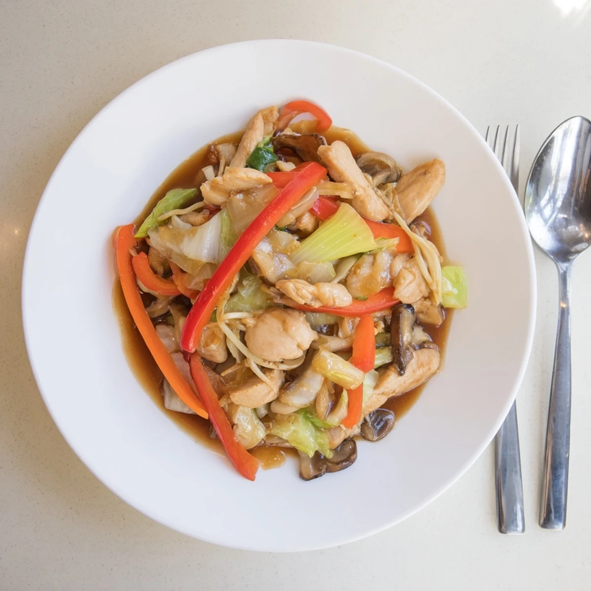 Vibrant Chinese-American Chop Suey featuring sliced meat and colorful peppers in thick brown glaze