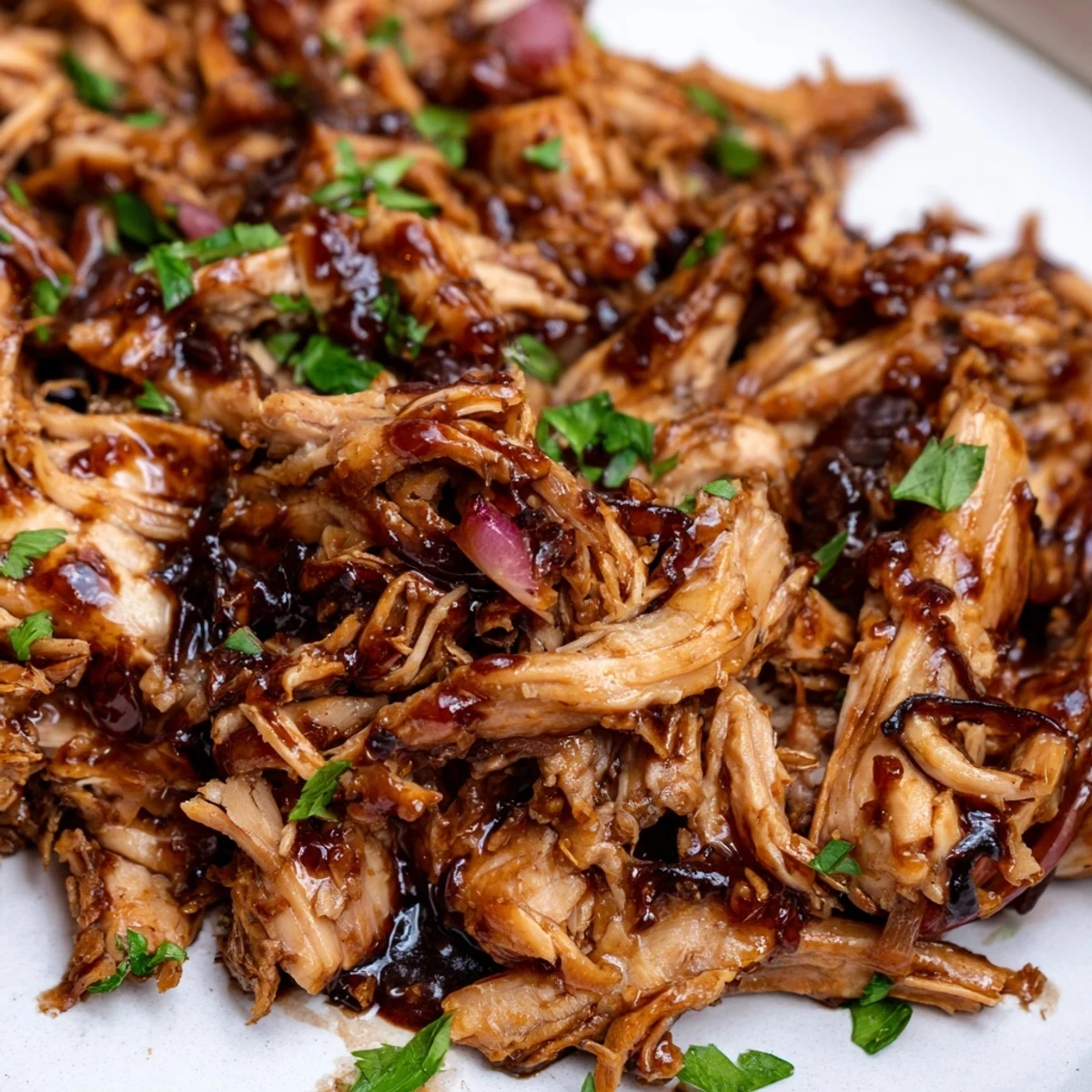 Golden brown chicken thighs swimming in a rich, glossy balsamic glaze with caramelized onions