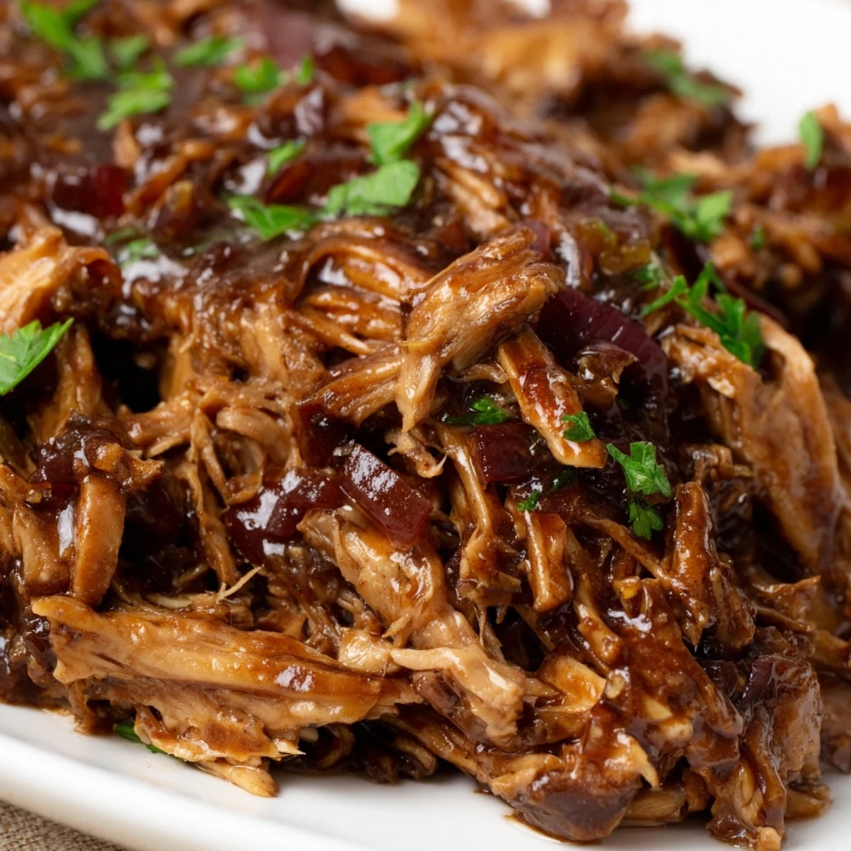 Tender slow cooker balsamic chicken drizzled with dark tangy sauce over fresh parsley garnish