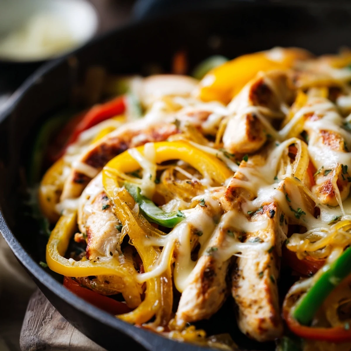 Sizzling one-pan chicken cheesesteak skillet with caramelized onions peppers and gooey melted cheese