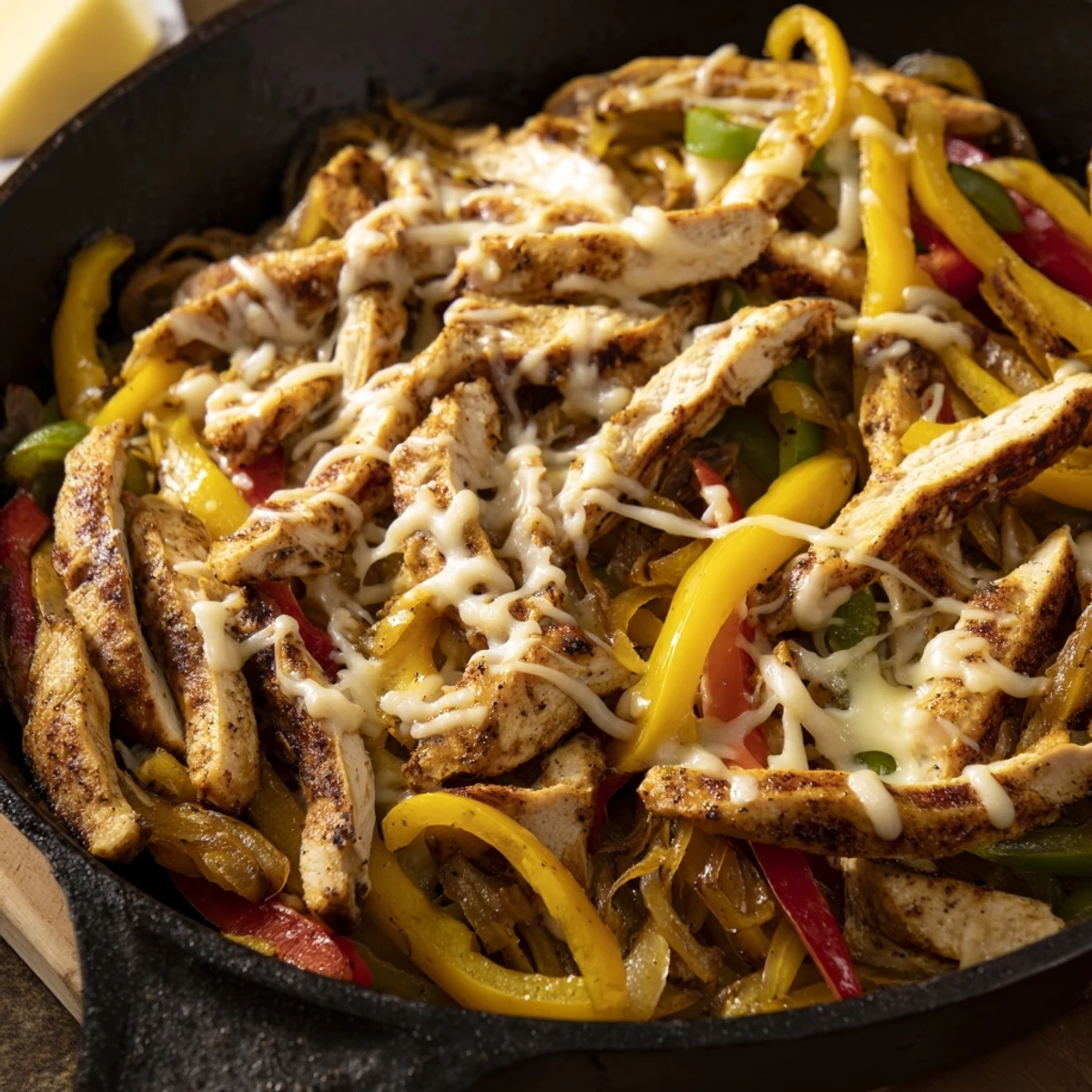 Golden melted provolone blankets tender chicken and colorful bell peppers in this chicken cheesesteak skillet