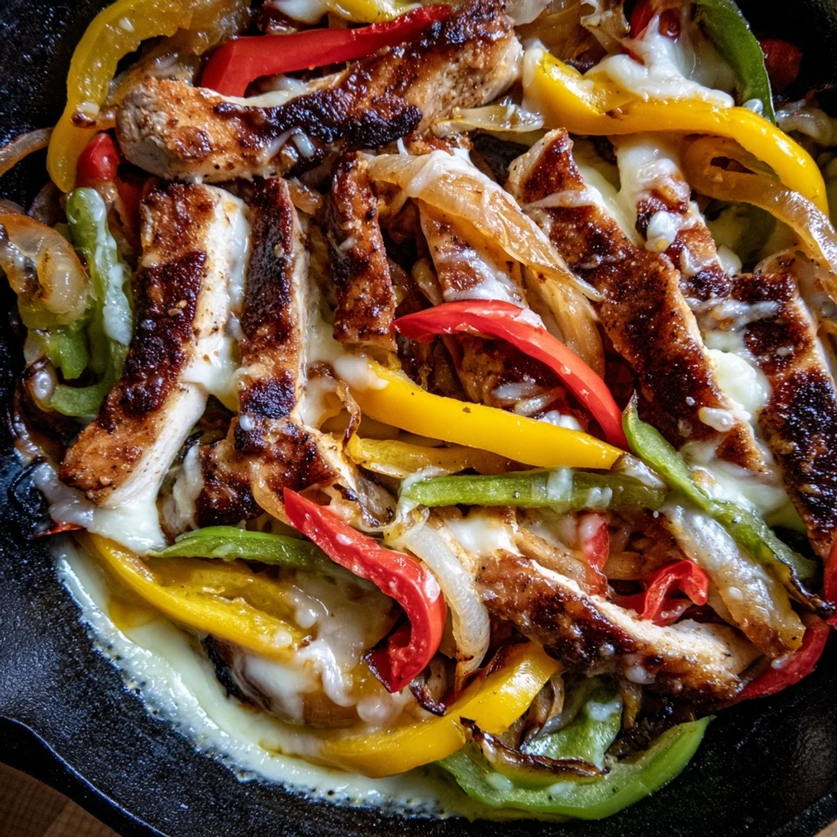 Hearty chicken cheesesteak skillet features sliced chicken breasts sautéed with vegetables under melted provolone