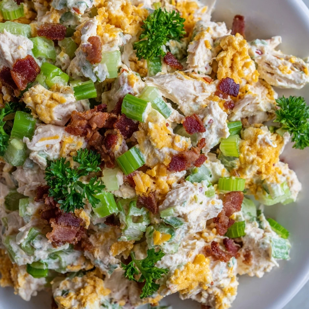 Creamy low carb jalapeno popper cottage cheese chicken salad topped with crispy bacon crumbles and fresh diced jalapenos
