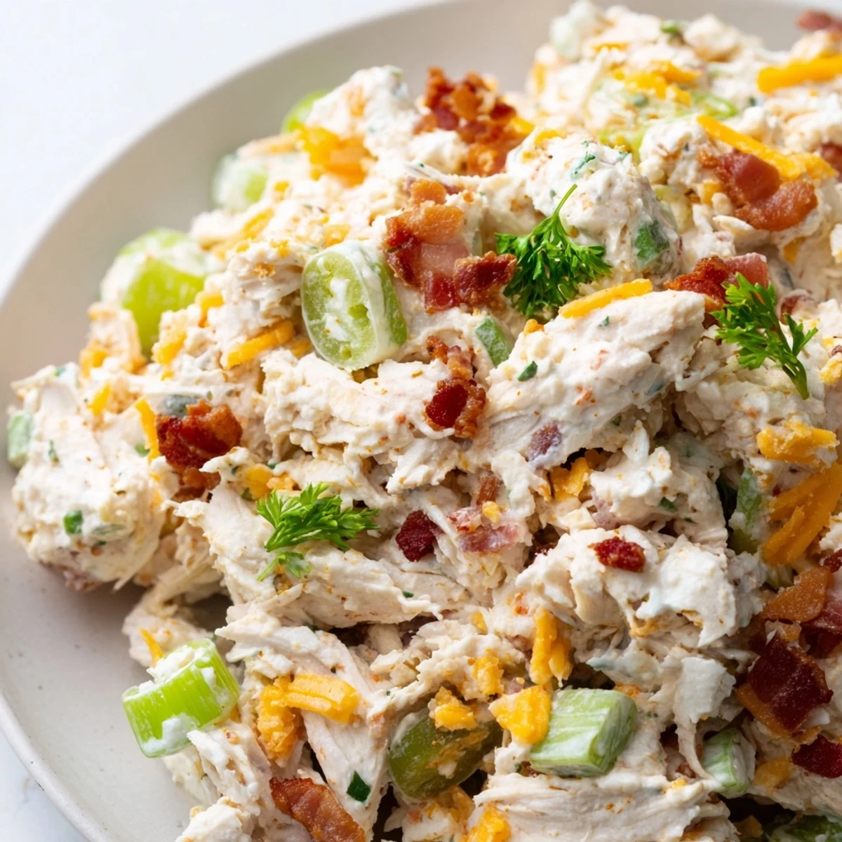 Golden chicken salad mixed with creamy cottage cheese and crispy bacon served on crisp lettuce leaves for a keto lunch
