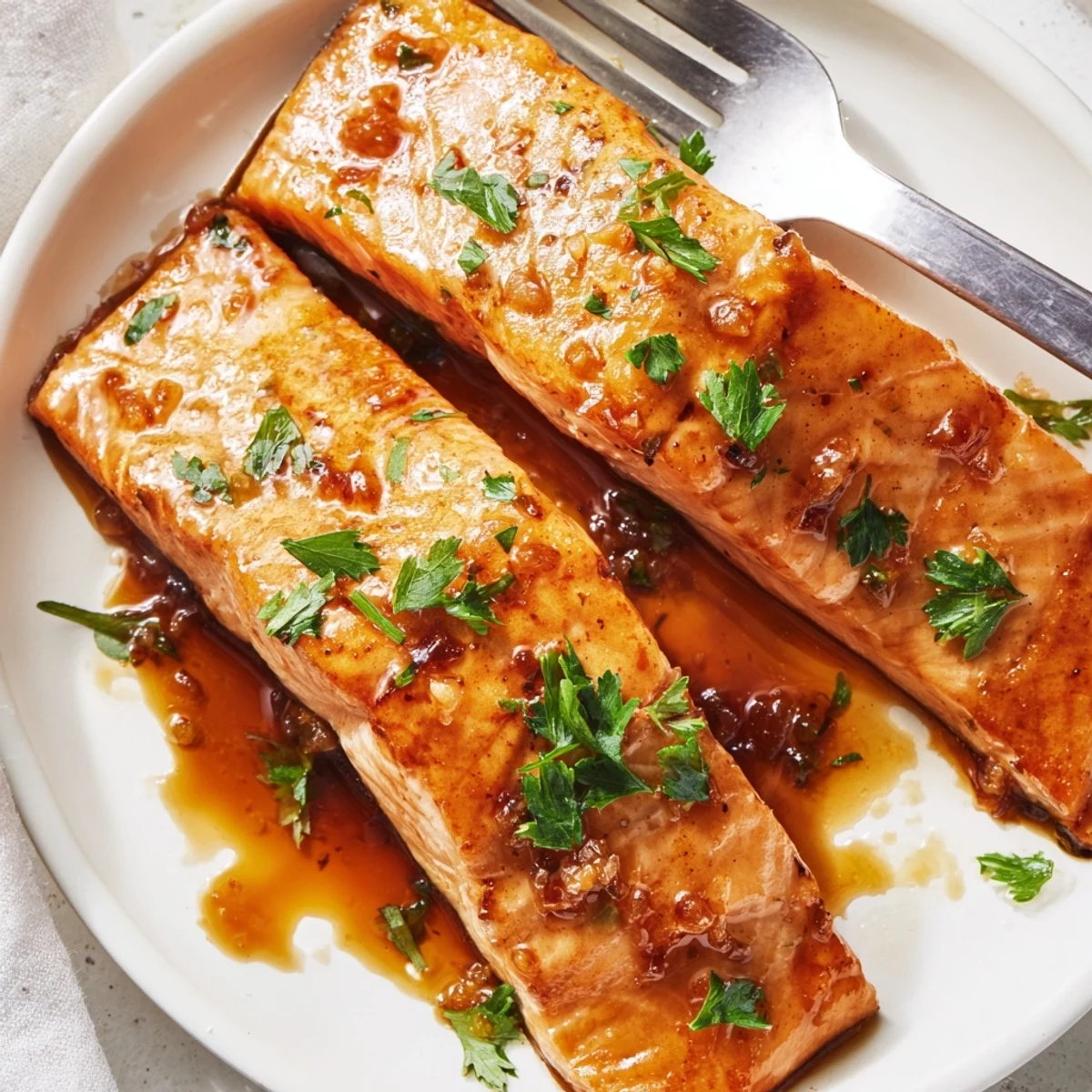 Golden brown pan-seared salmon fillets coated in sticky honey garlic glaze with fresh parsley garnish