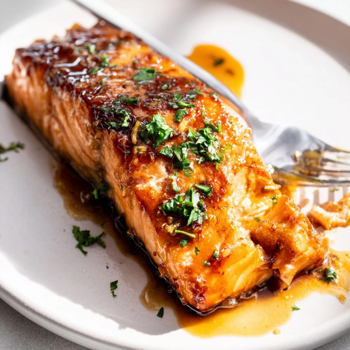 Perfectly seared salmon pieces brushed with thick honey garlic sauce on a white dinner plate