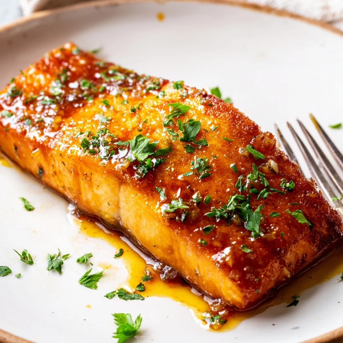 Crispy honey garlic glazed salmon drizzled with sweet savory sauce and served with lemon wedges