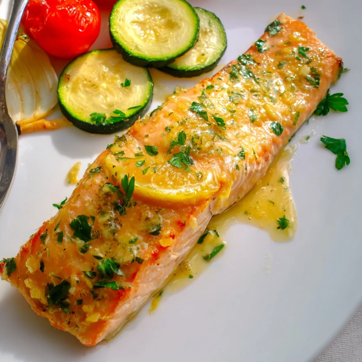 Golden baked sheet pan lemon garlic butter salmon with colorful roasted vegetables and fresh herbs