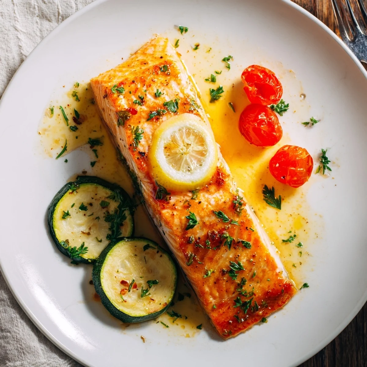 Flaky salmon fillets coated in lemon garlic butter sauce alongside tender potatoes, zucchini, and cherry tomatoes