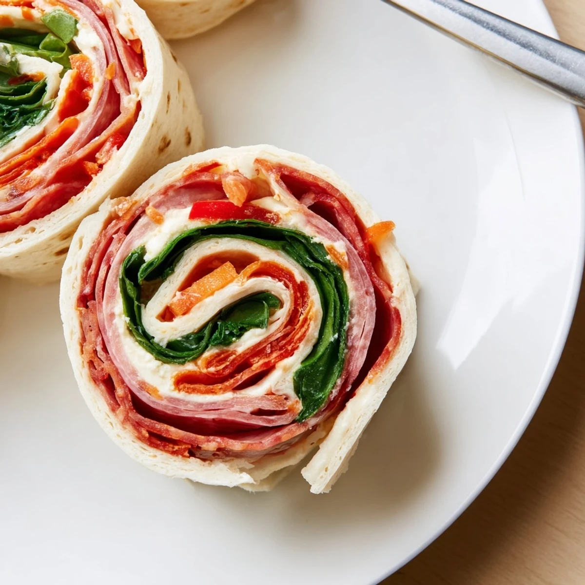 Freshly sliced Italian pinwheels arranged on serving platter with roasted red peppers and spinach