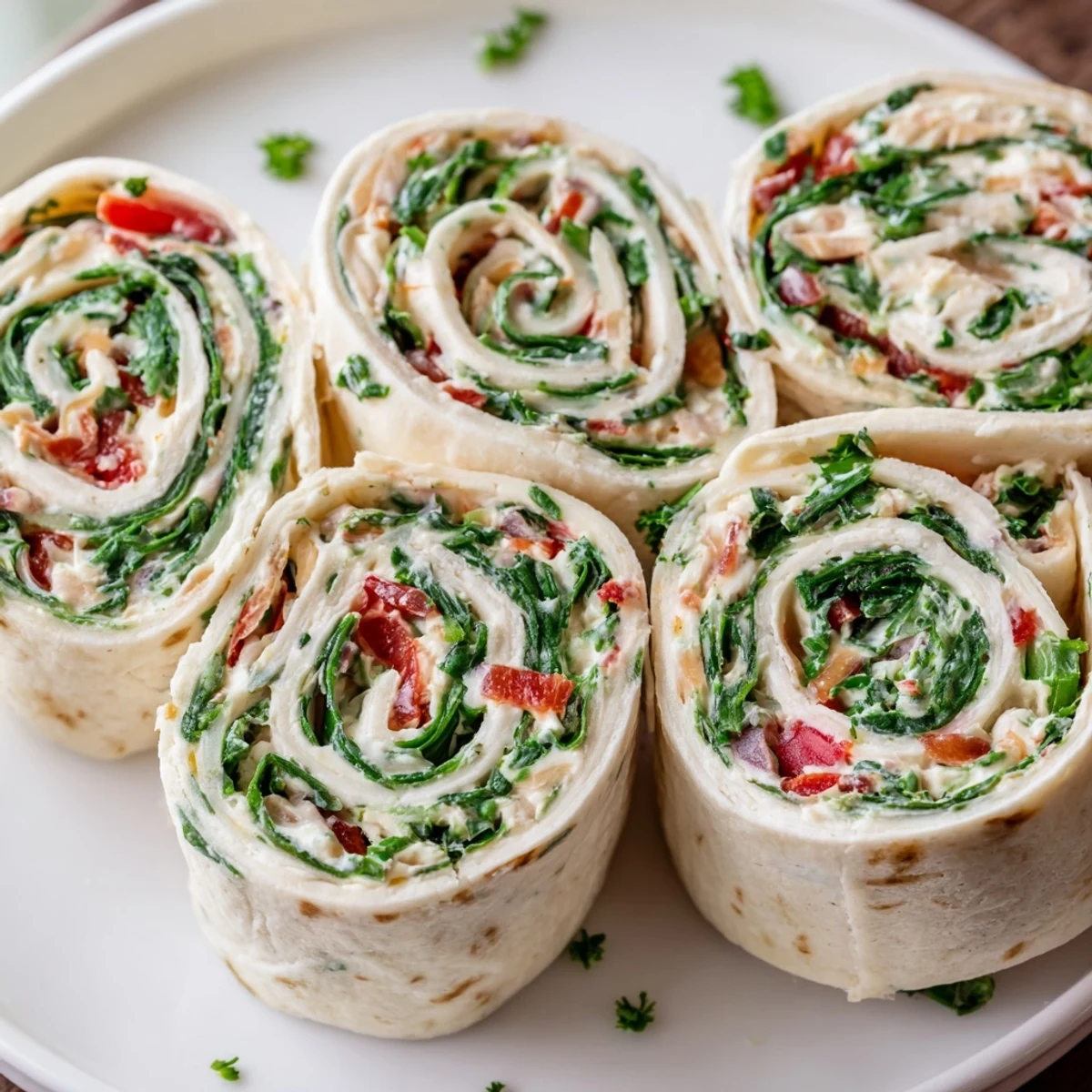 Party ready cream cheese pinwheels with smooth cheddar filling and fresh diced vegetables visible in each sliced round