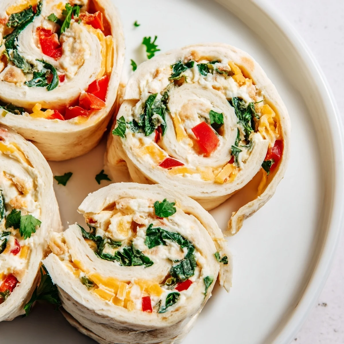 Cream cheese pinwheels arranged on white platter showcasing vibrant red peppers and green onions throughout the spiral slices