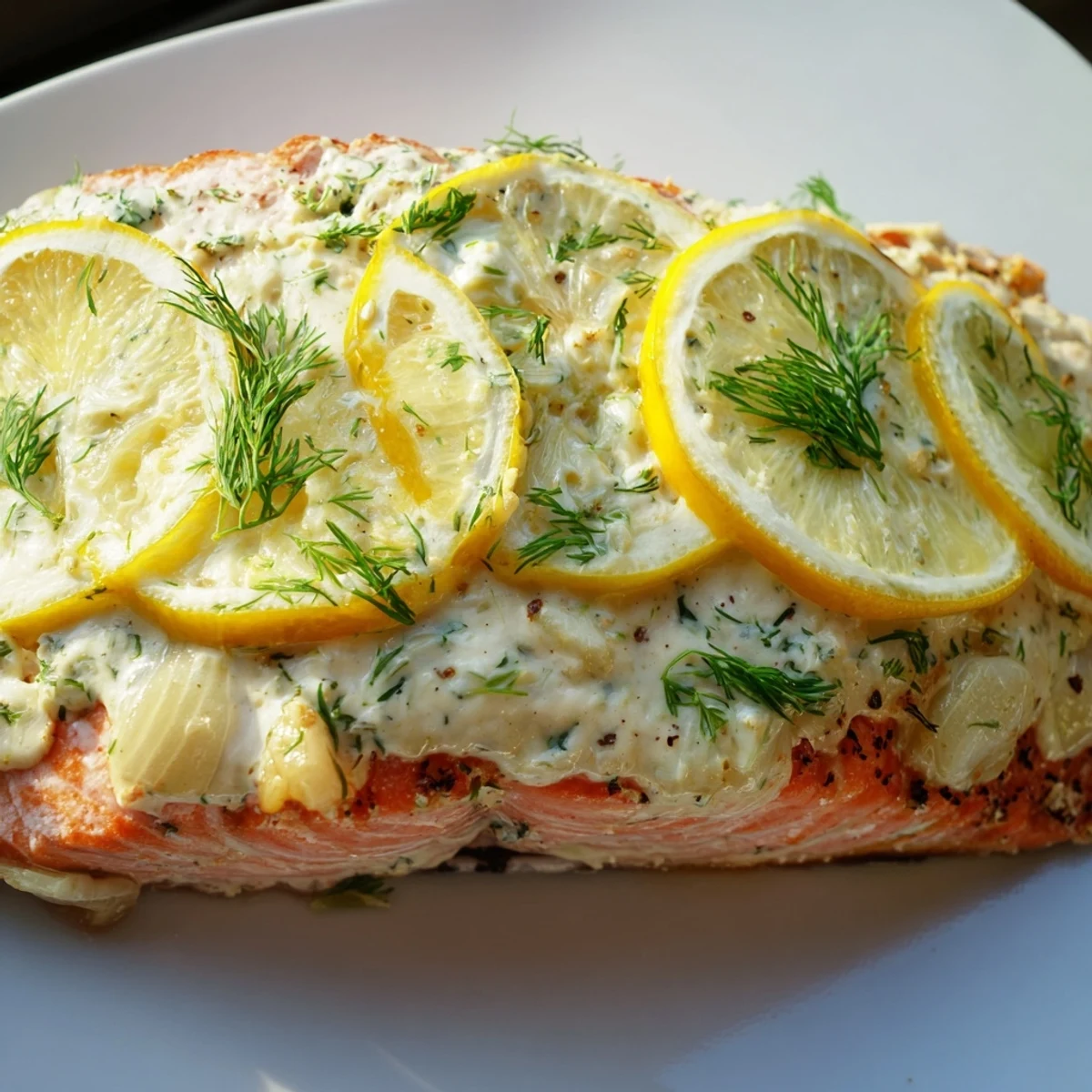 Golden baked Boursin salmon fillets topped with melted herbed cheese and fresh lemon slices