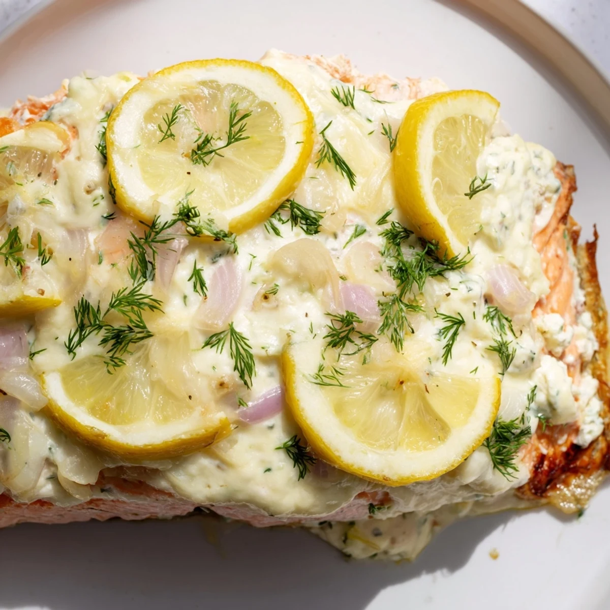 Elegant baked salmon with savory Boursin cheese crust garnished with fresh dill and lemon
