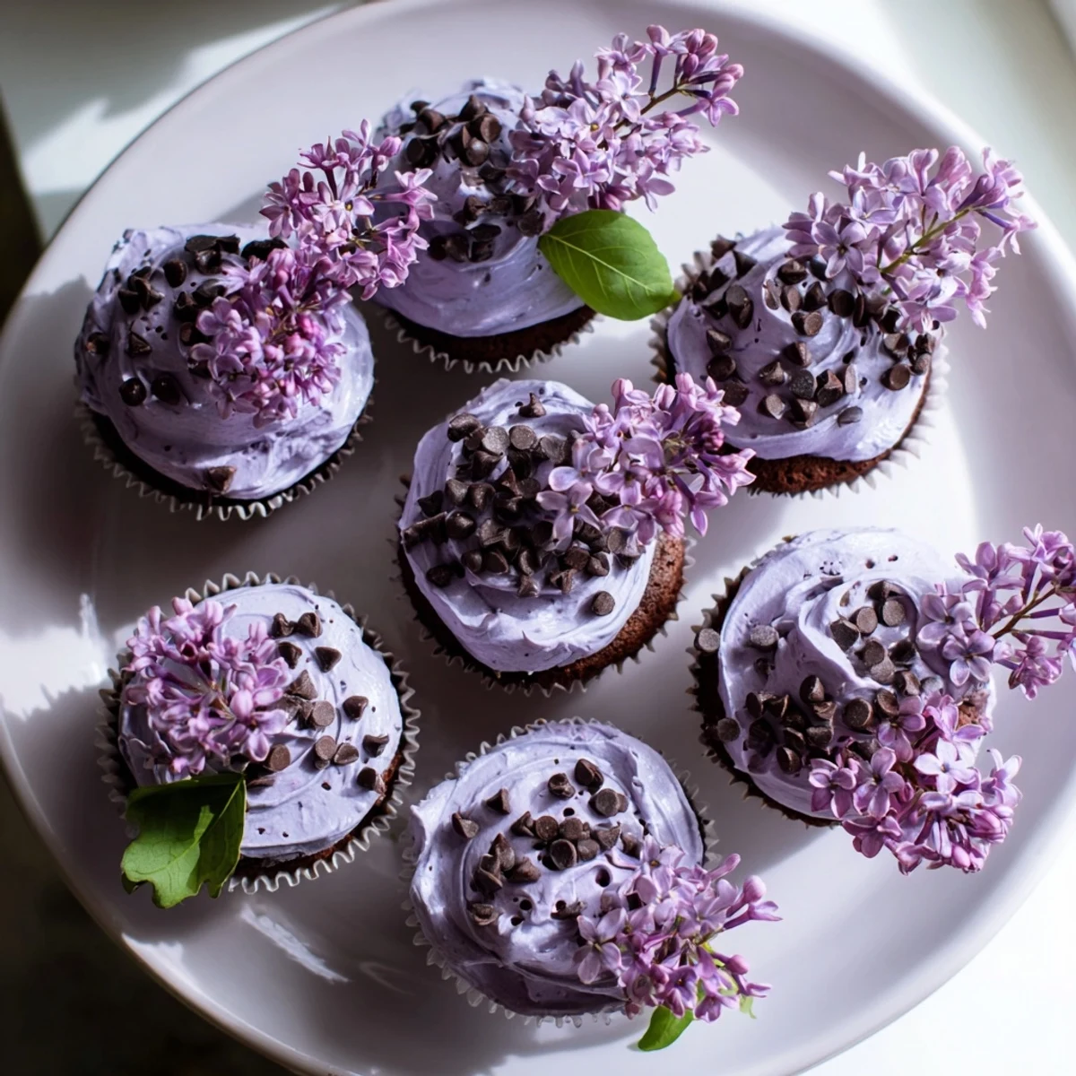 Moist chocolate lilac cupcakes with whipped lilac frosting garnished with edible flowers for spring tea time.