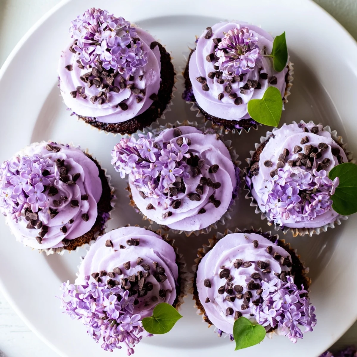 Six rich chocolate cupcakes infused with delicate lilac flavor finished with creamy floral frosting and fresh petals.