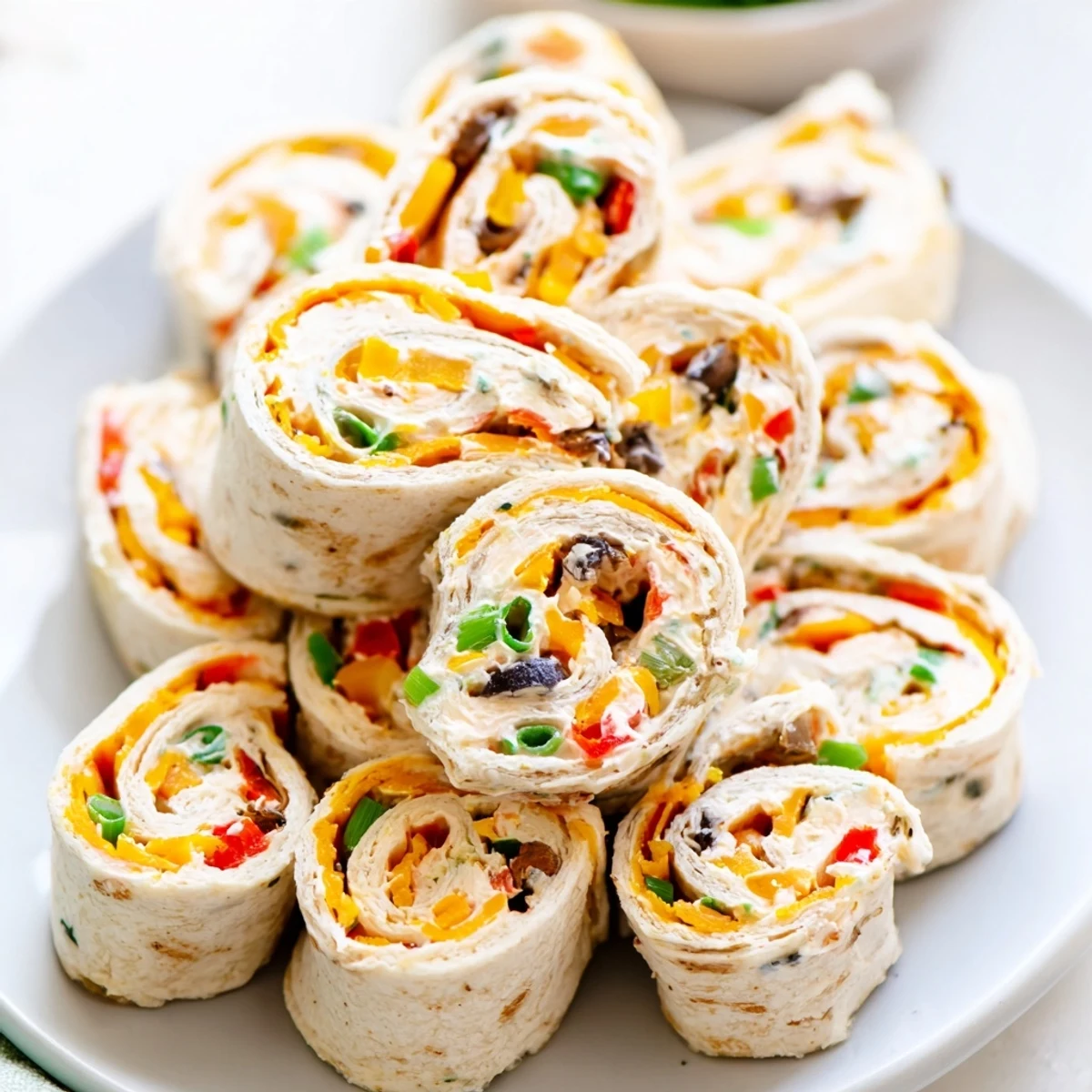 Colorful spiral of easy tortilla pinwheels filled with creamy cheese and fresh vegetables on a white serving platter