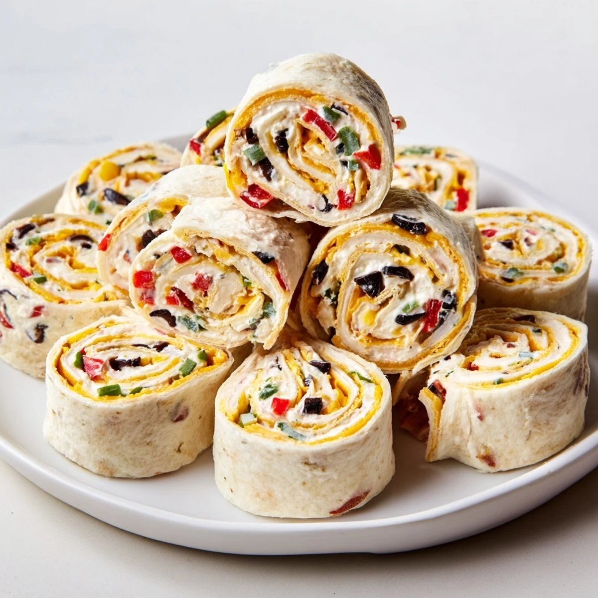 Sliced easy tortilla pinwheels revealing red pepper and green onion bits against a beige tortilla background