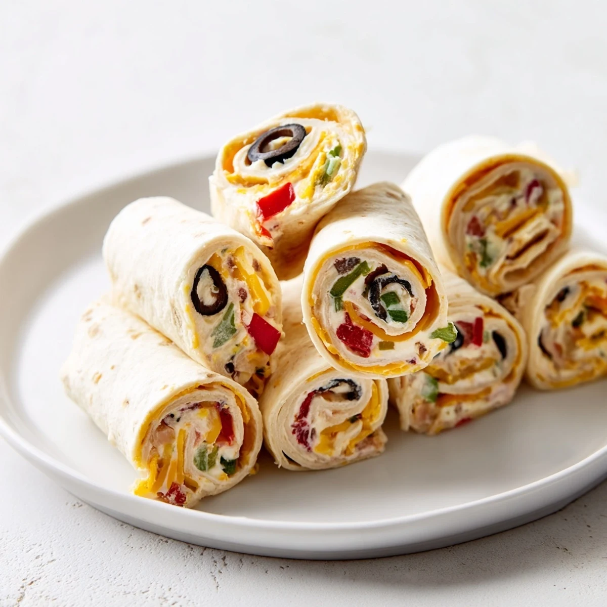 Plate of easy tortilla pinwheels arranged in circular pattern showing vibrant colorful filling layers inside
