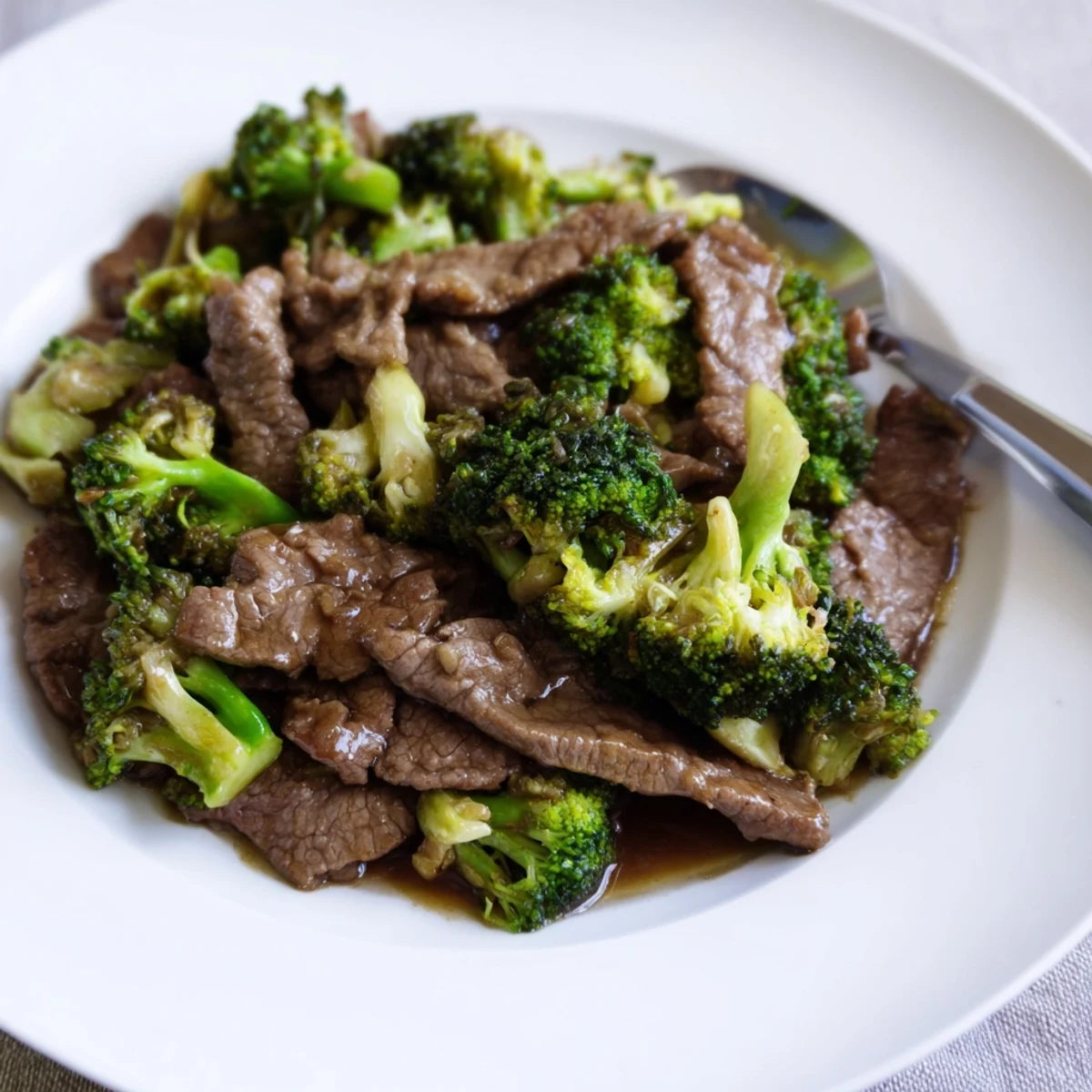 Dark glossy beef and broccoli stir fry sauce coats tender beef slices and fresh green florets in a rich glaze