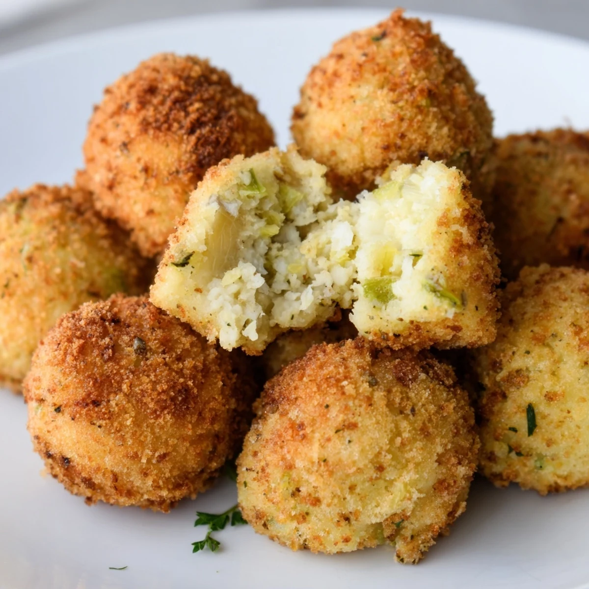 Golden brown crispy cornbread dressing balls fried to perfection on a white serving plate