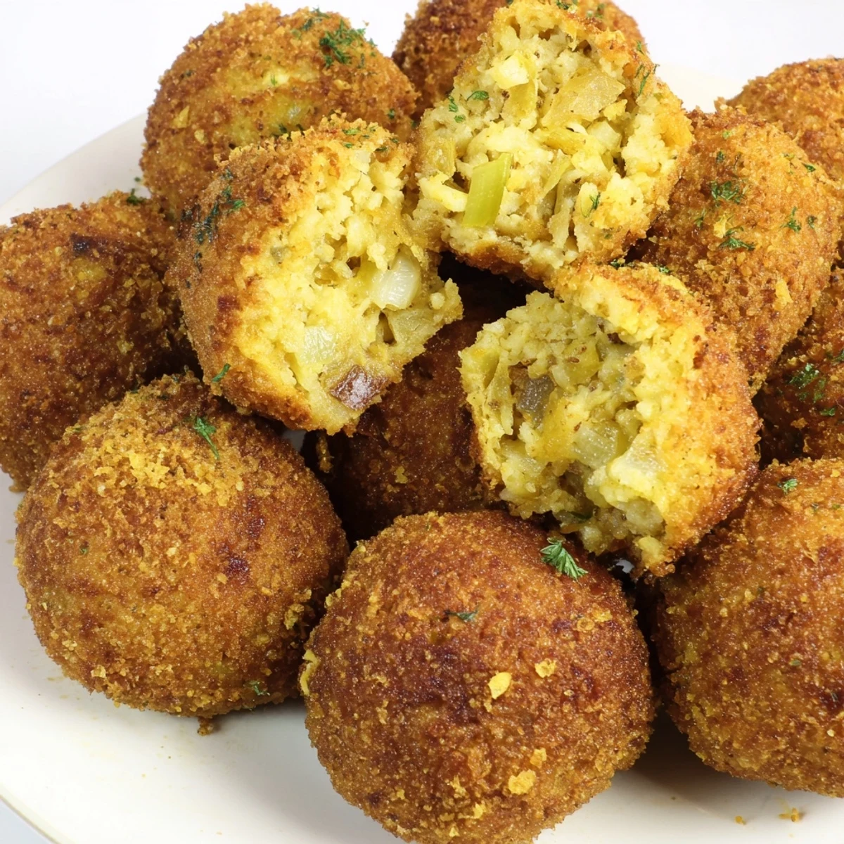 Deep fried cornbread dressing appetizers with golden crust and soft herb-seasoned interior