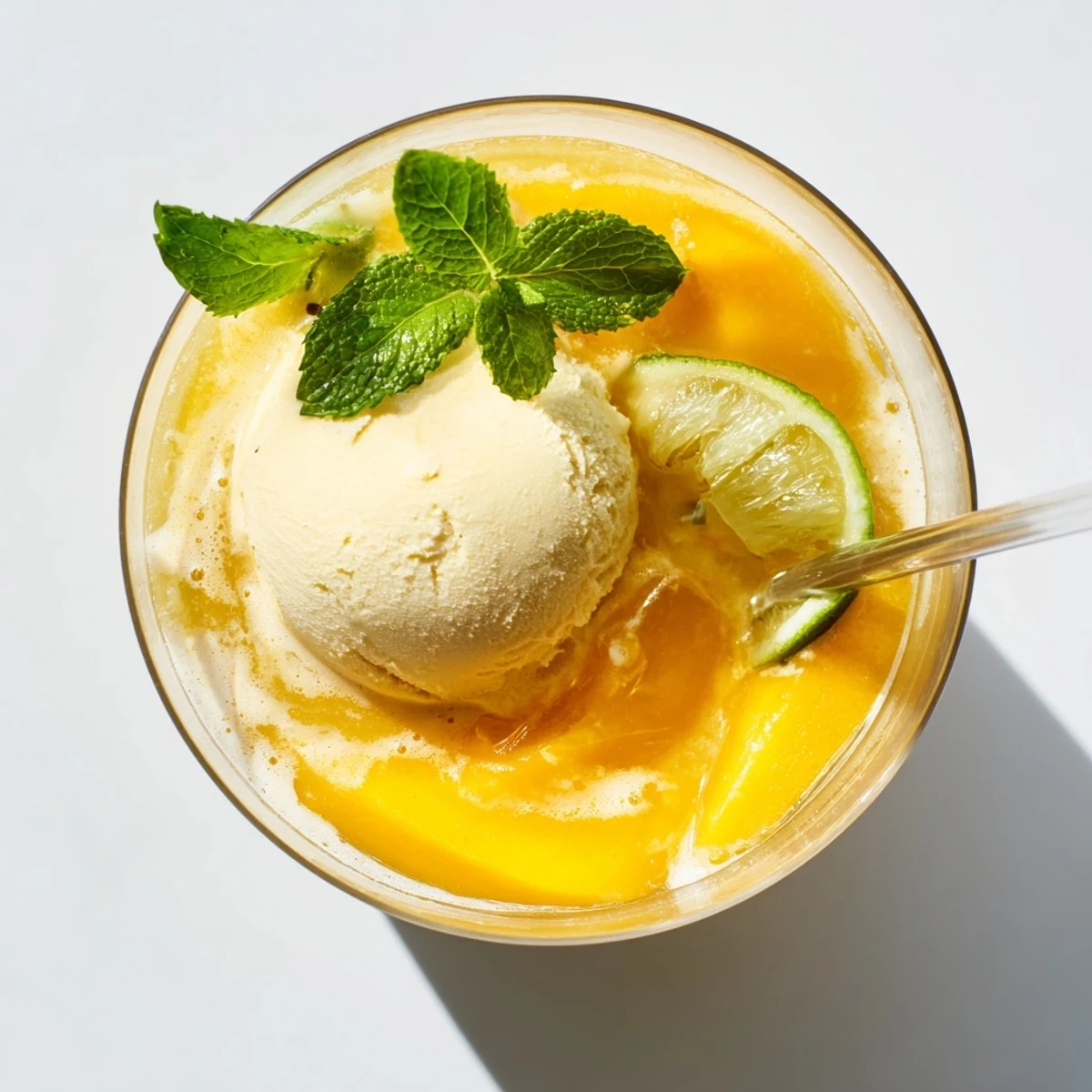 Golden mango ginger puree topped with vanilla ice cream float in a tall glass with fresh mint garnish