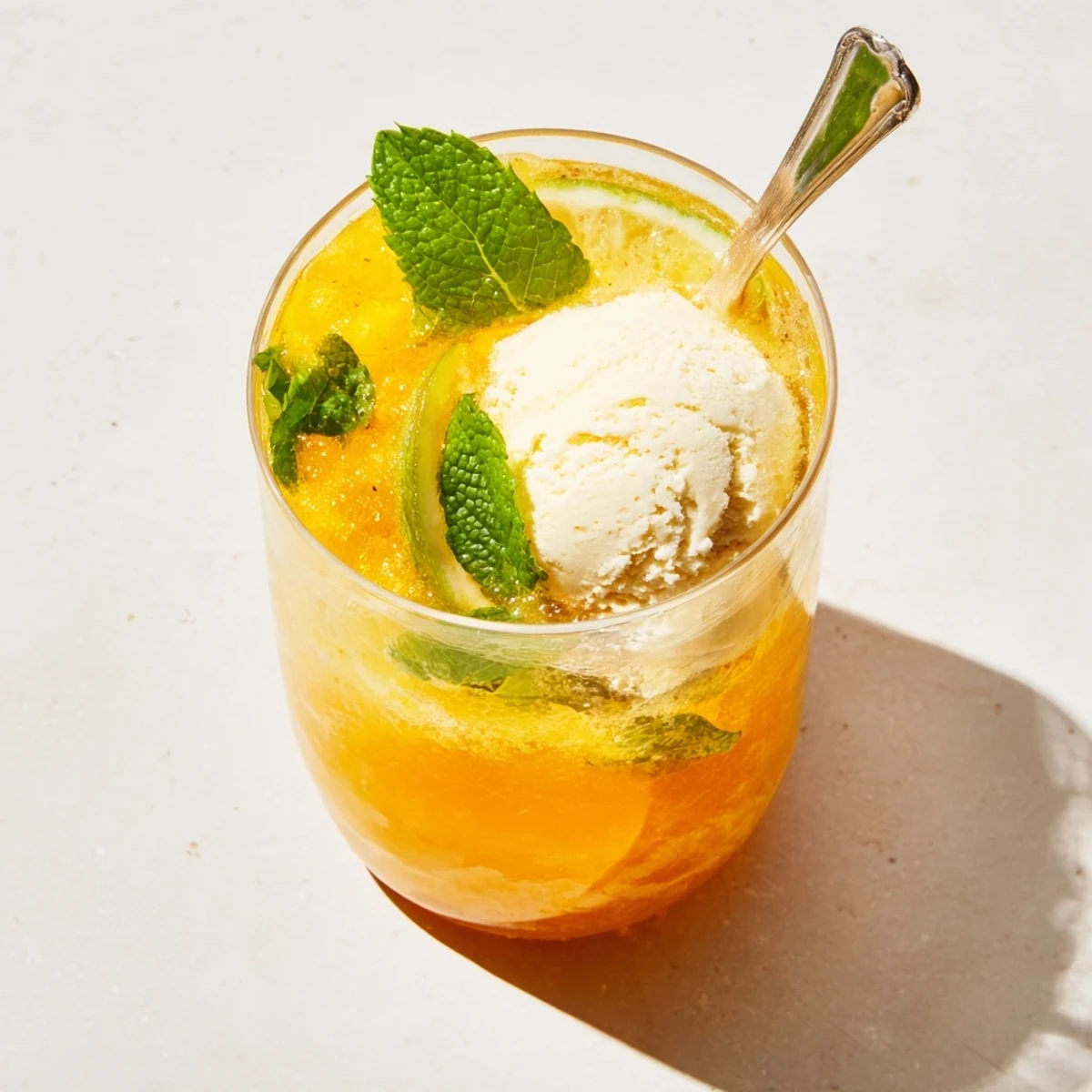 Refreshing mango ginger beverage with melting vanilla ice cream garnished with fresh mint leaves and lime wedge