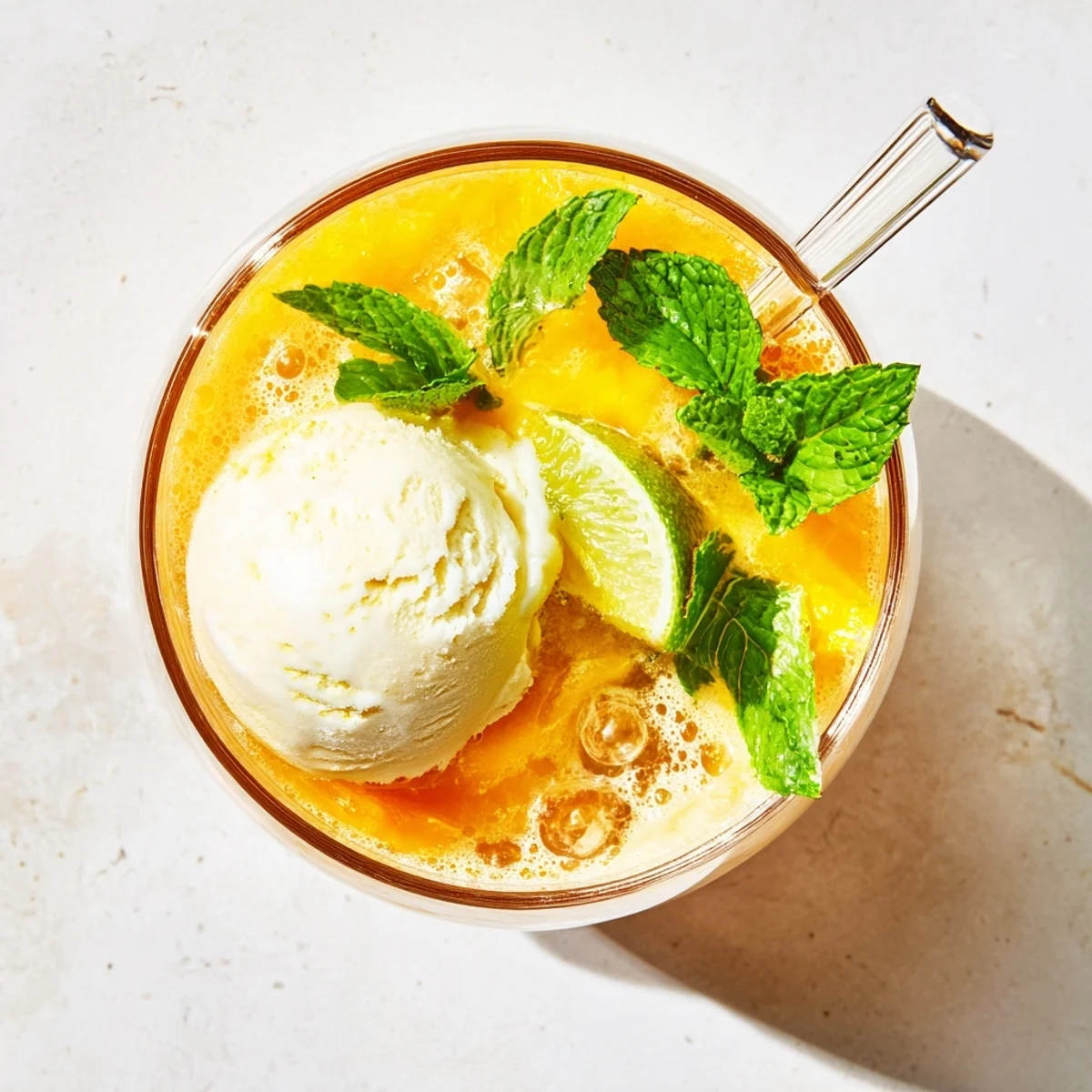 Tropical mango ginger glow rebel float featuring creamy vanilla scoop and fizzy sparkling water layered with lime