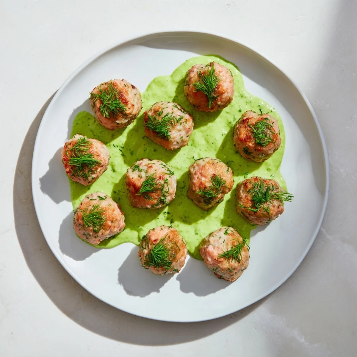 Golden baked salmon meatballs arranged on a white plate with vibrant green avocado sauce drizzled over the top