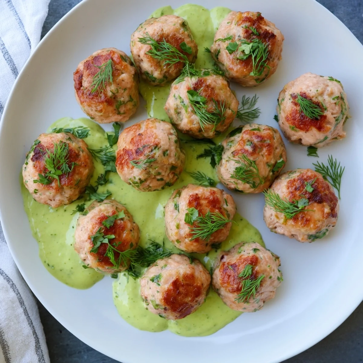 Plump salmon meatballs fresh from the oven, garnished with fresh herbs and served alongside creamy avocado dipping sauce
