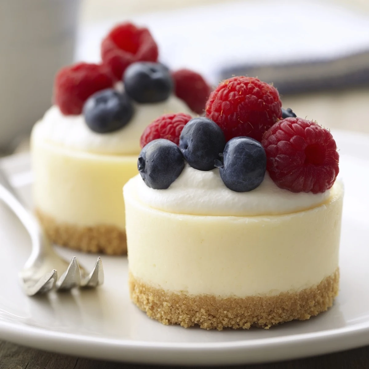 Golden mini cheesecakes with vanilla wafer crust topped with fresh red berries