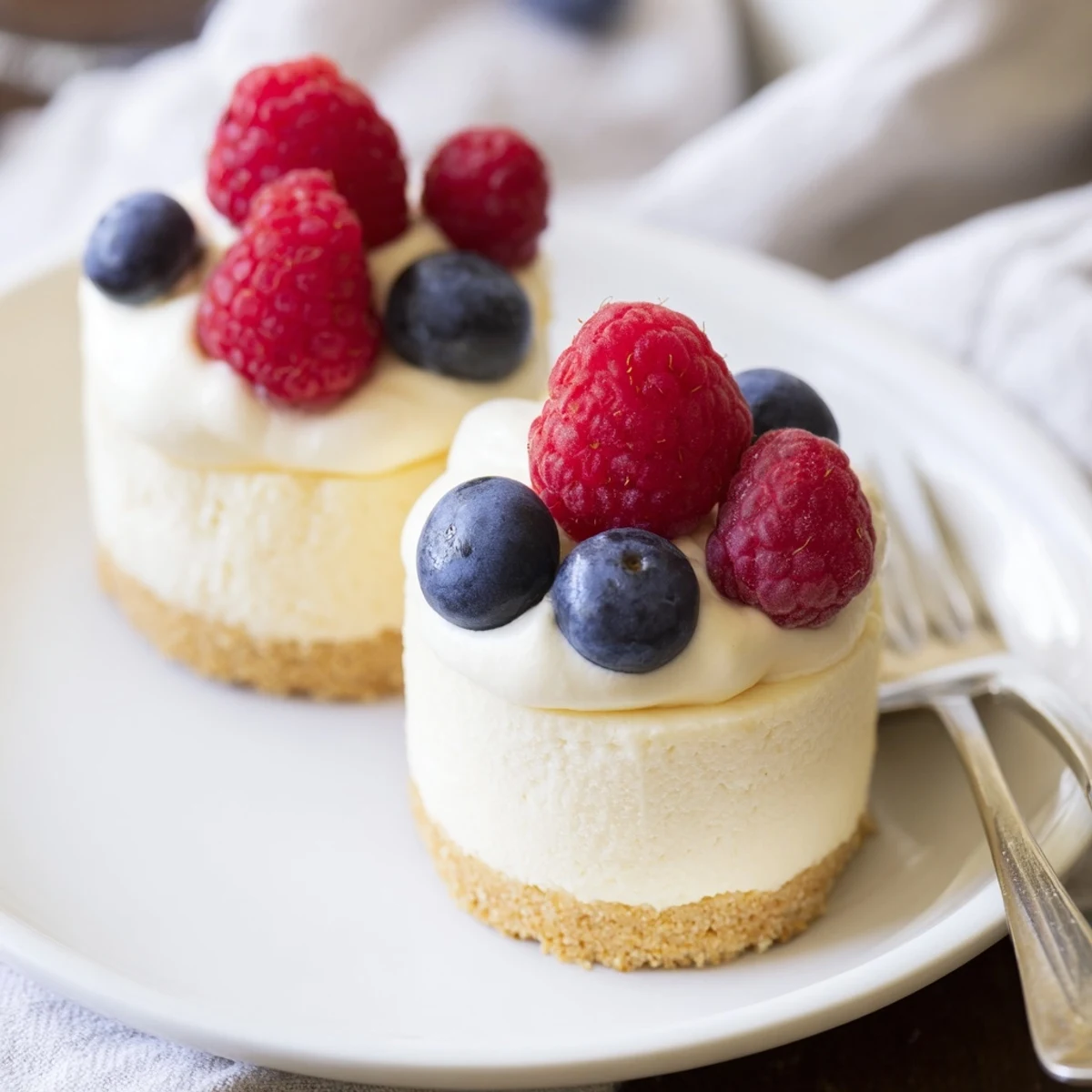 Creamy individual cheesecakes on crisp vanilla wafer bases served on white platter