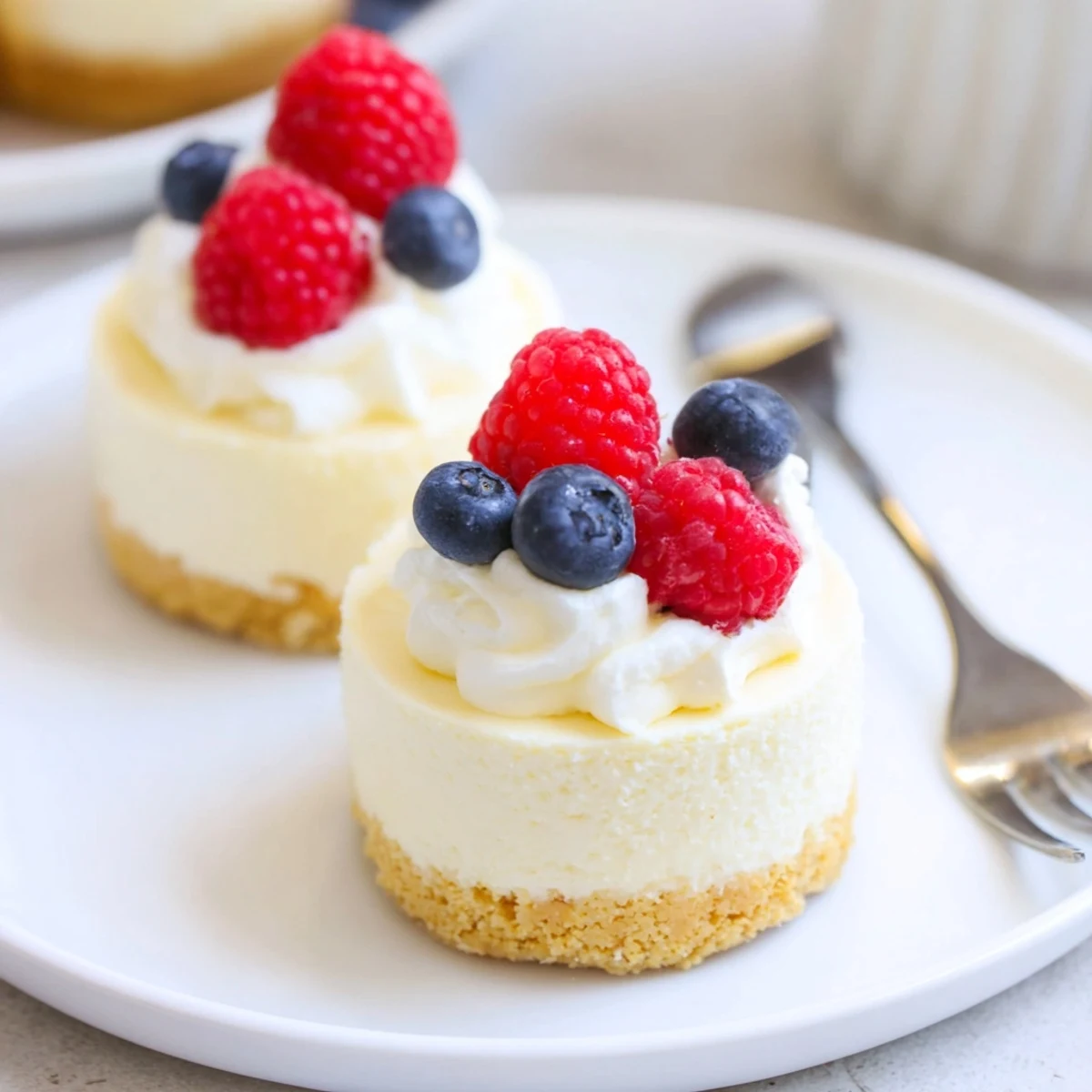 Bite-sized vanilla wafer cheesecakes with smooth cream cheese filling and fruit garnish