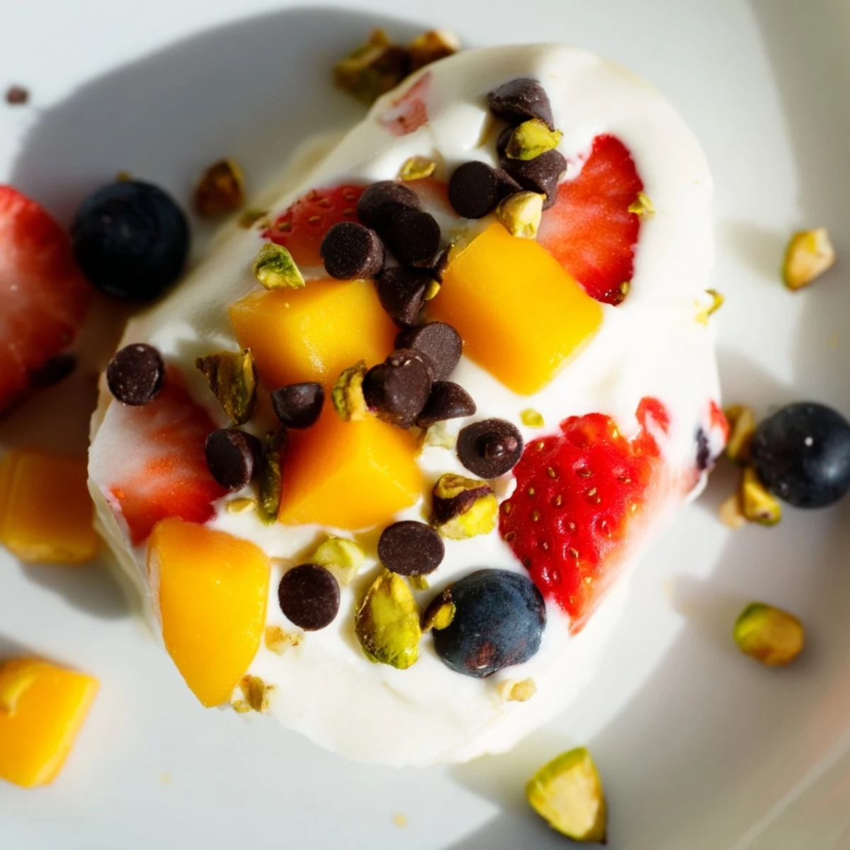 Colorful frozen Greek yogurt bites topped with fresh strawberries, blueberries, and mango pieces arranged on a white plate