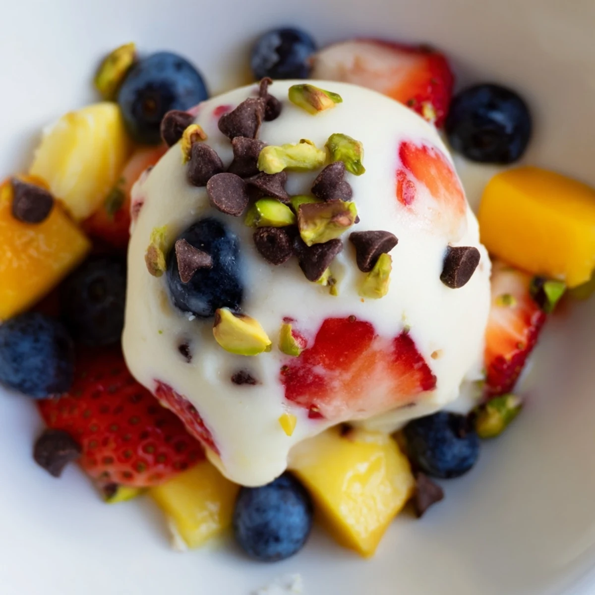 Creamy honey vanilla frozen Greek yogurt bites sprinkled with mini dark chocolate chips and chopped pistachios on a baking sheet