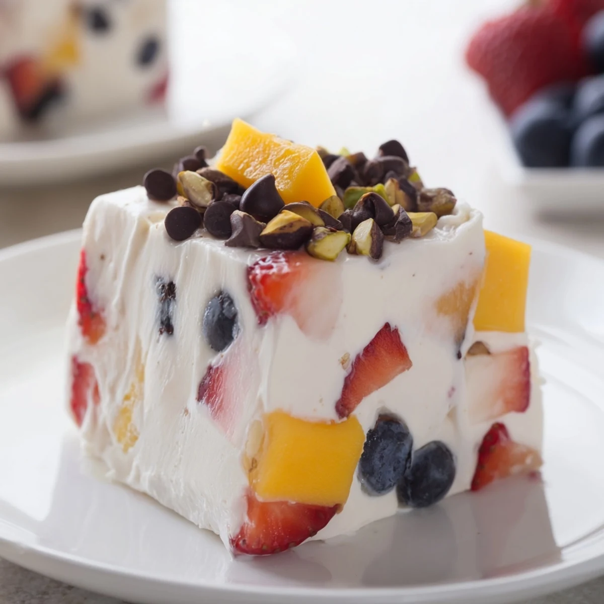 Bite-sized frozen Greek yogurt treats with vibrant diced fruit toppings ready for healthy snacking straight from the freezer