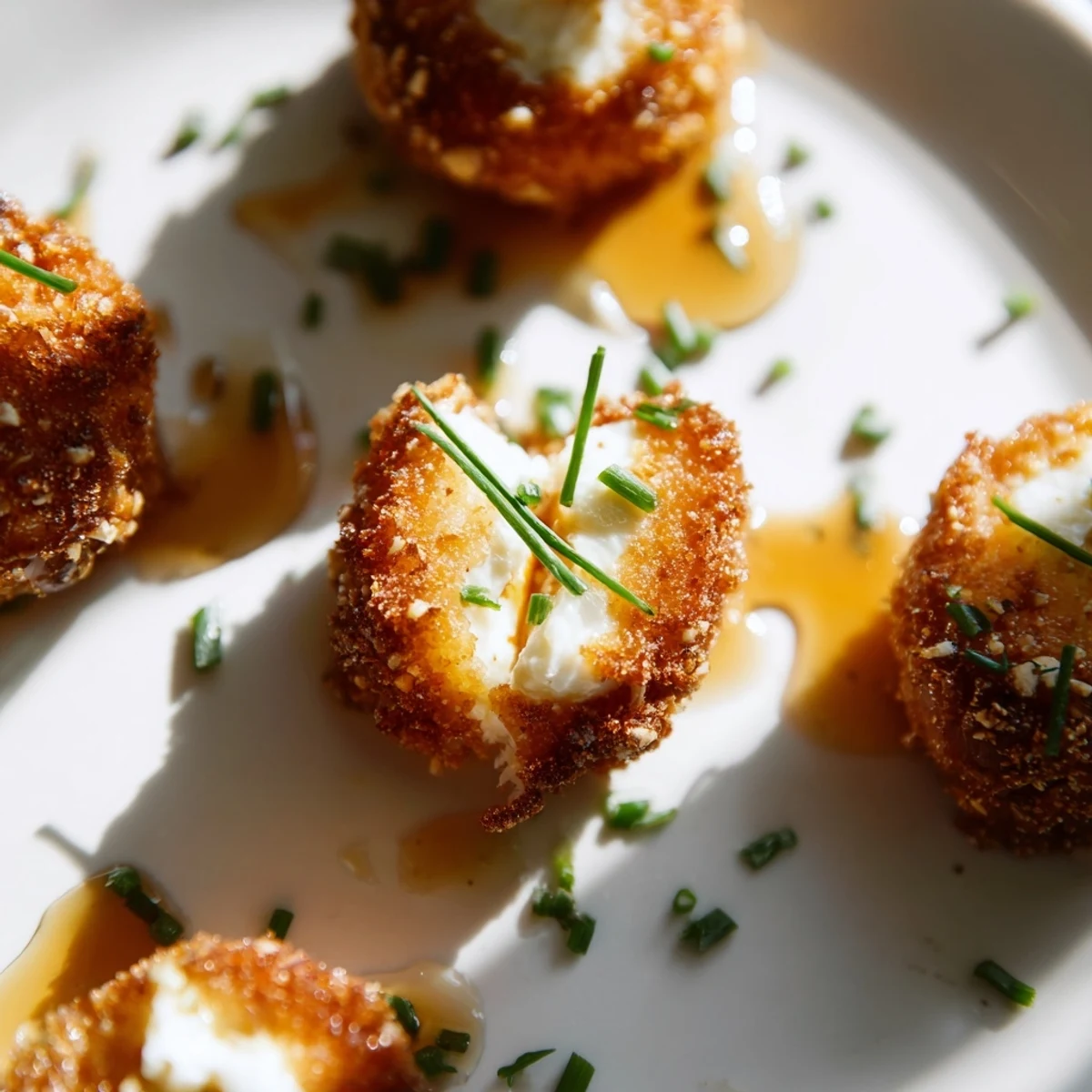 Golden crispy fried goat cheese medallions with crunchy pretzel crust on white plate