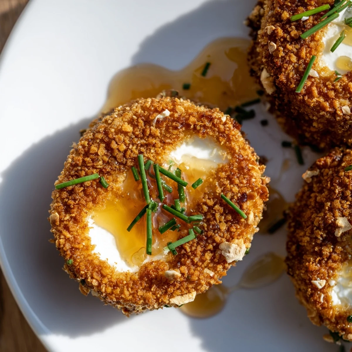 Crispy pretzel crusted goat cheese appetizer drizzled with honey and fresh chive garnish