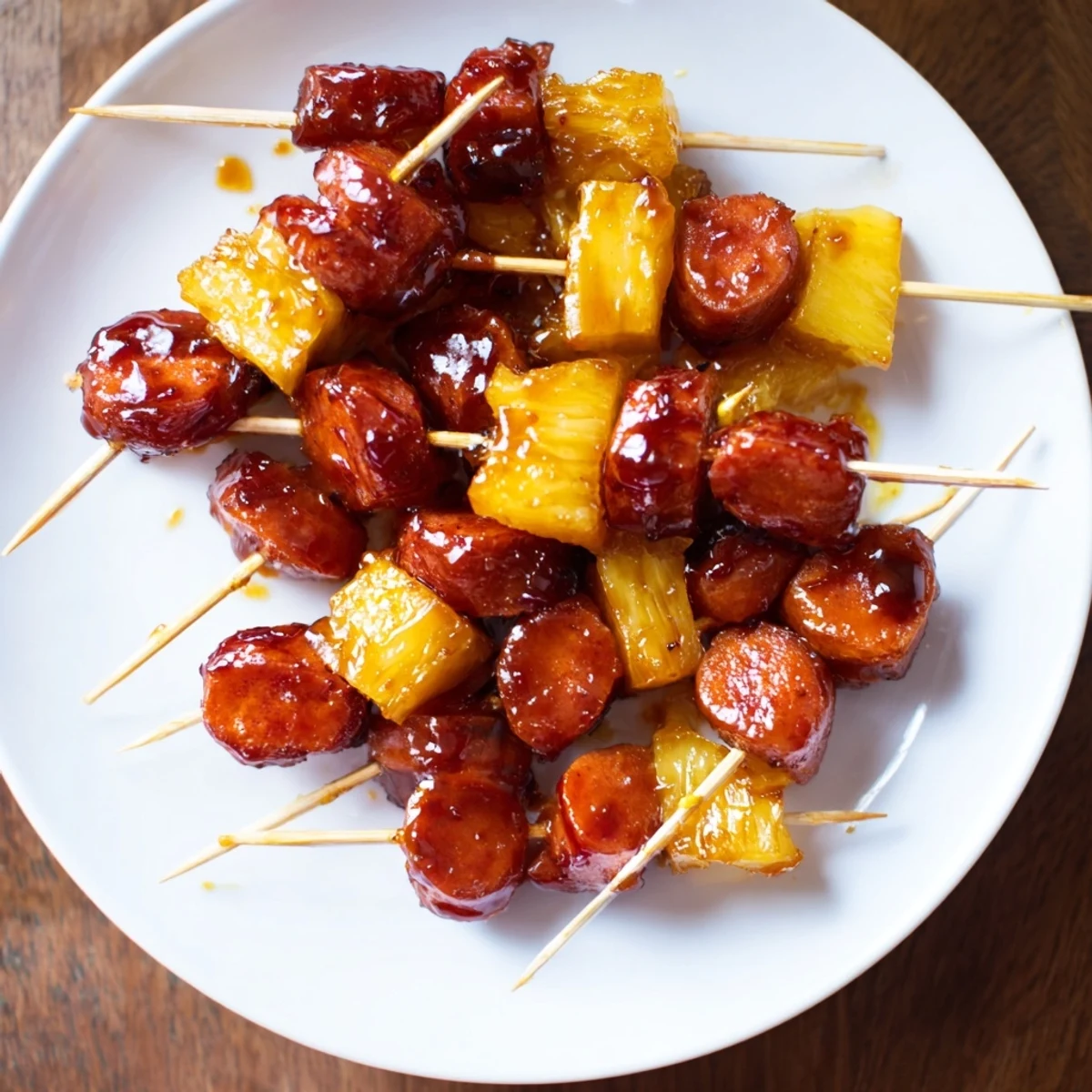 Golden glazed kielbasa pineapple bites arranged on a serving platter with shiny caramelized coating