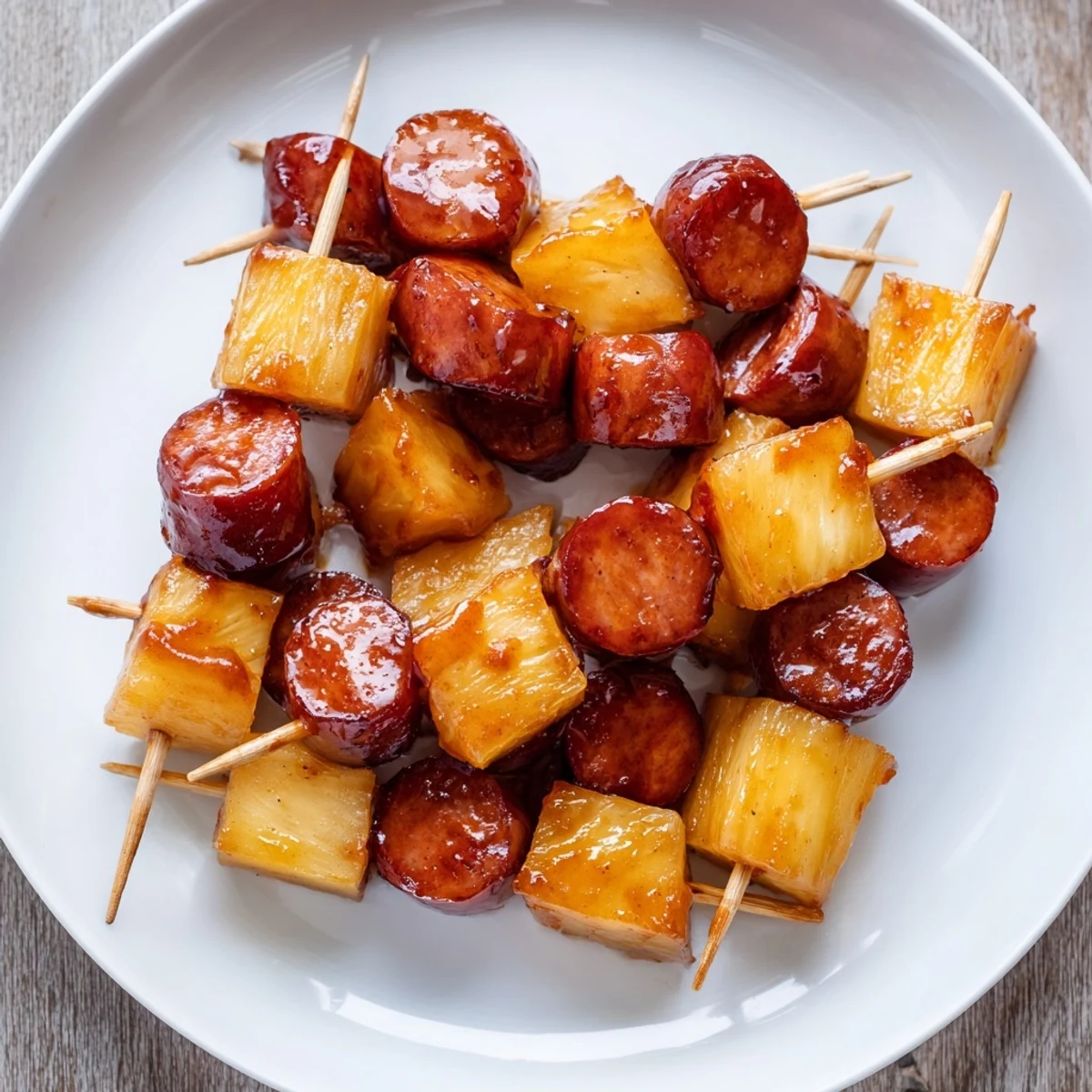 Savory sausage slices threaded with pineapple chunks on toothpicks drizzled with sweet tangy barbecue glaze