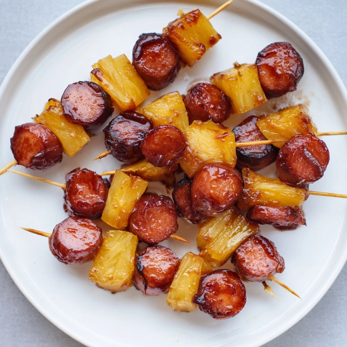 Baked kielbasa pineapple appetizer bites glistening with brown sugar glaze ready for party serving