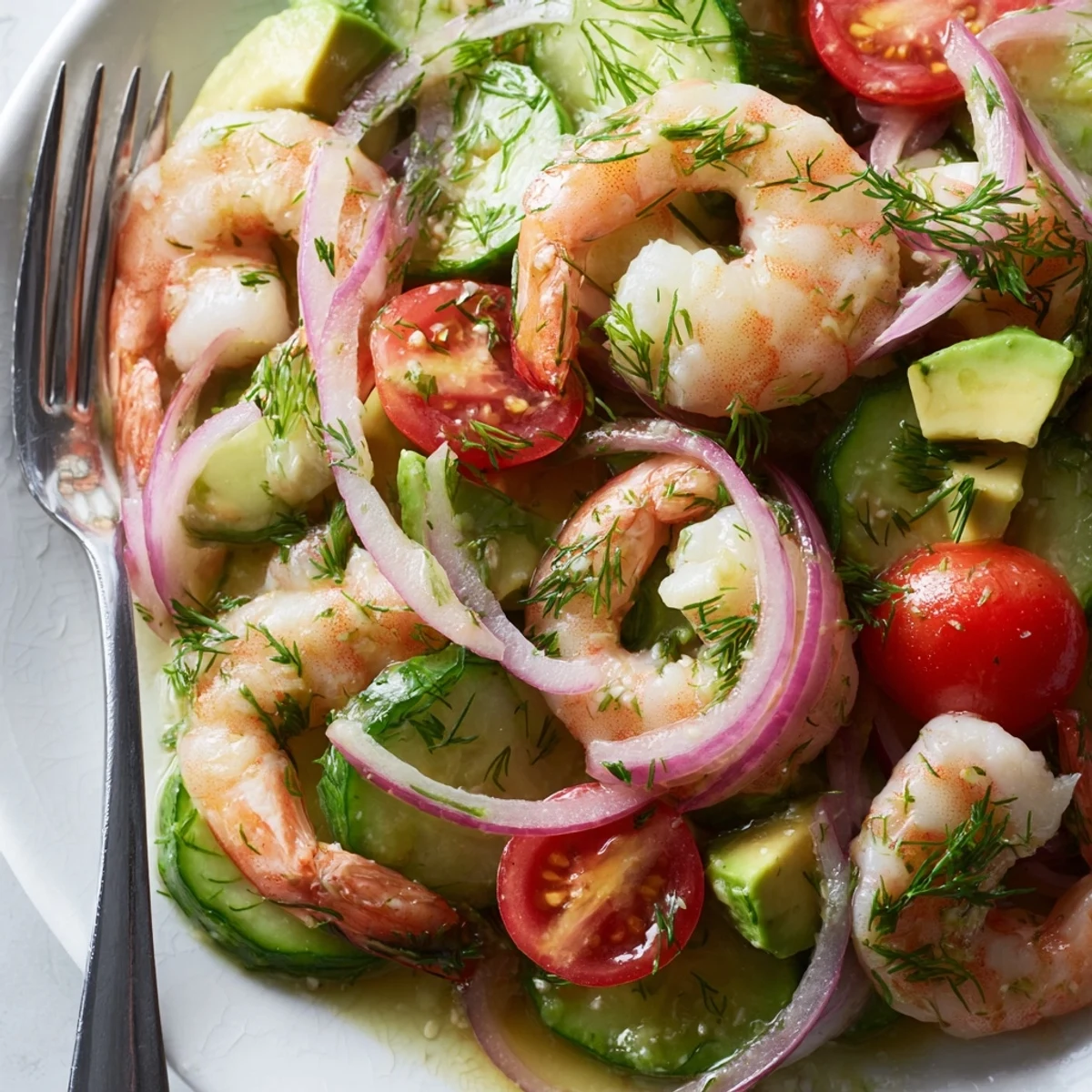 Glossy cucumber shrimp salad featuring tender pink shrimp, avocado chunks, and cherry tomatoes in light tangy dressing