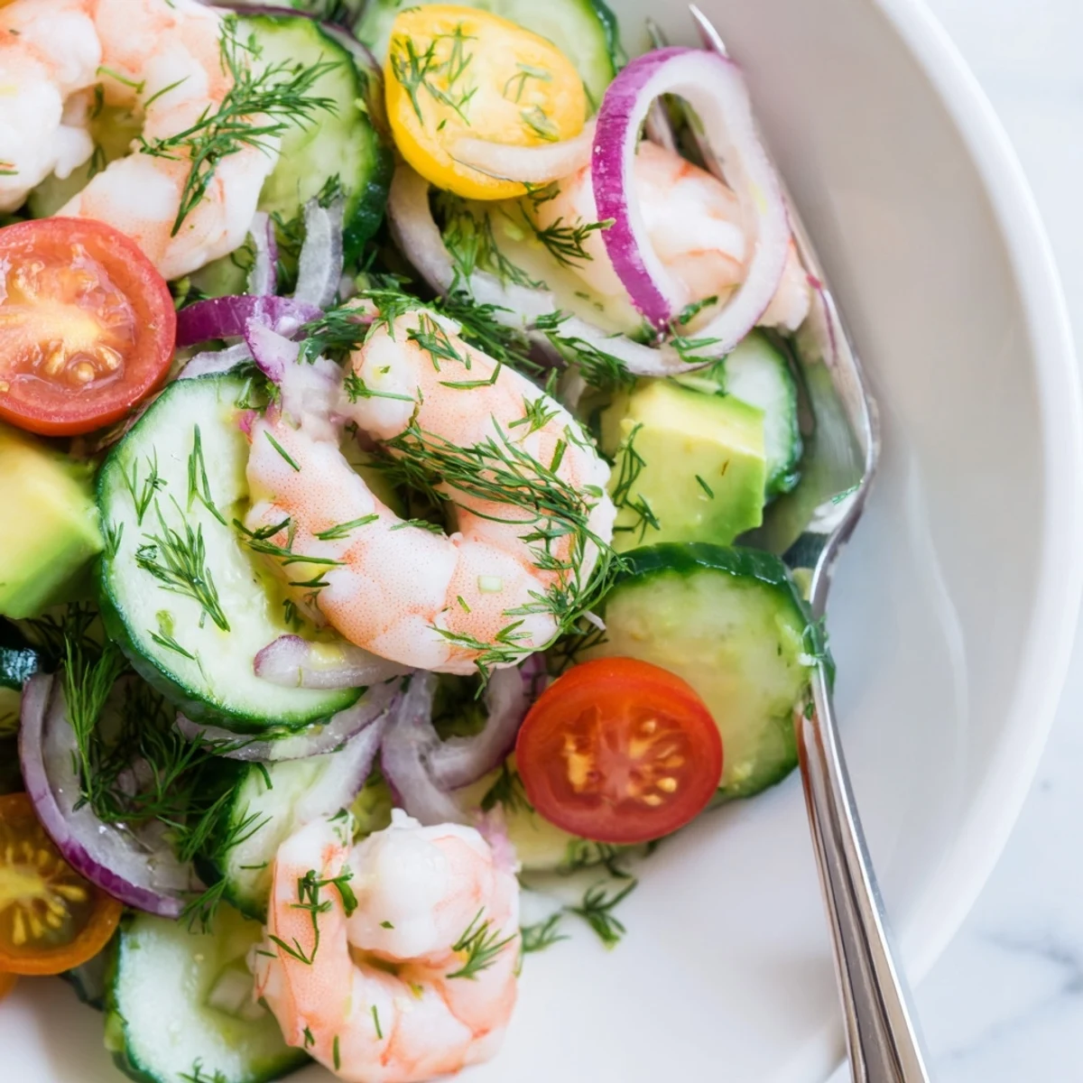 Fresh cucumber shrimp salad bowl with crisp vegetables and zesty lemon-herb dressing on white background