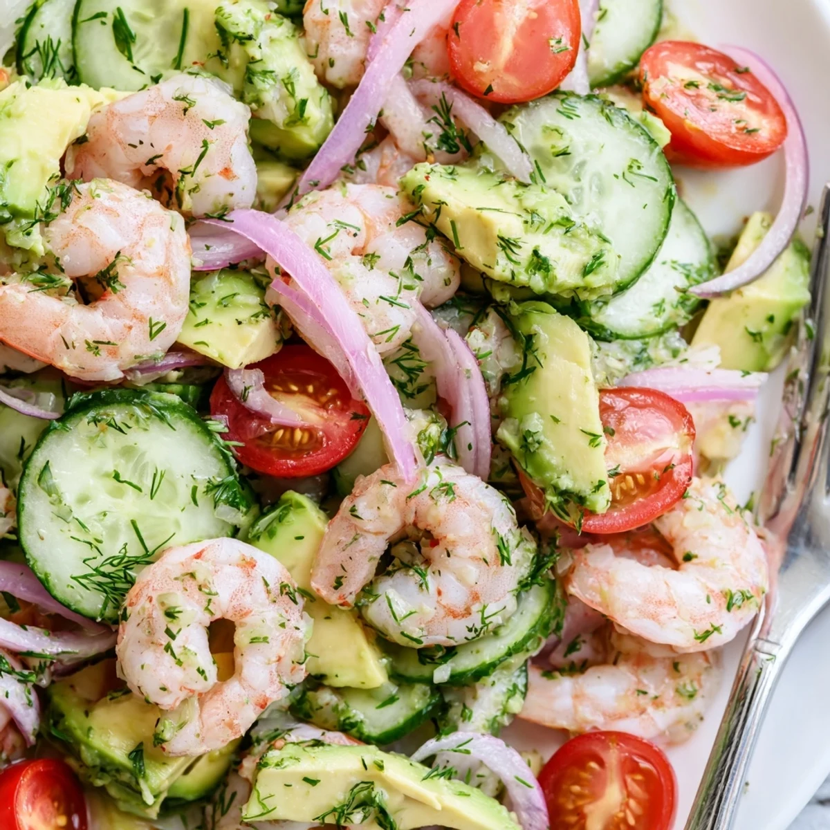 Summer cucumber shrimp salad plated with crisp cucumber slices, red onion, and fresh dill garnish for light lunch