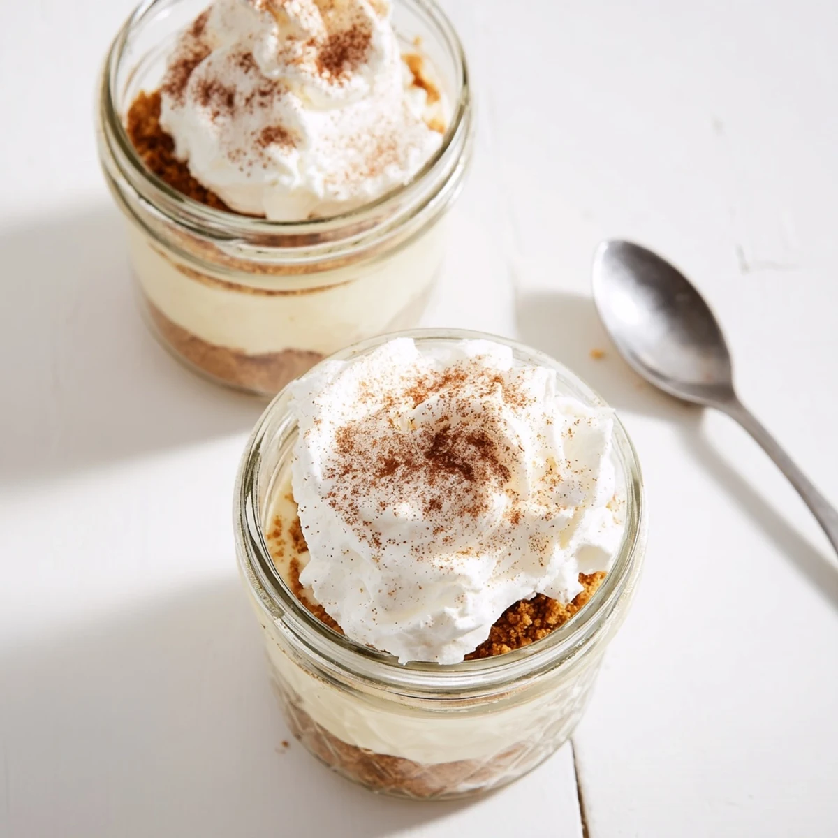 Glass jar layered with graham cracker crust and creamy spiced no bake mini cheesecake filling topped with whipped cream