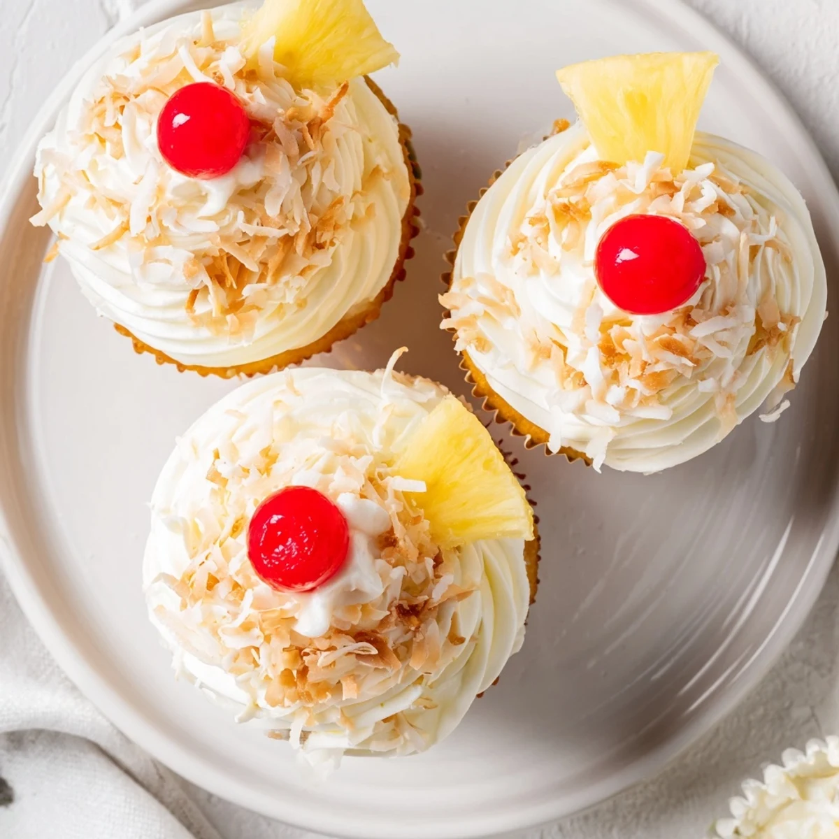Golden Piña Colada cupcakes topped with fluffy white coconut frosting and toasted coconut flakes