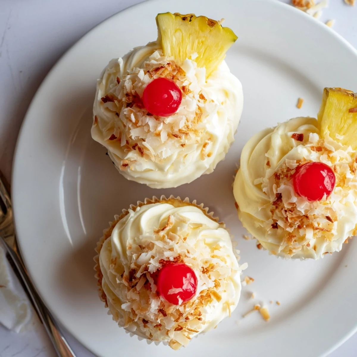 Tropical Piña Colada cupcakes garnished with maraschino cherries and fresh pineapple wedges on white plate