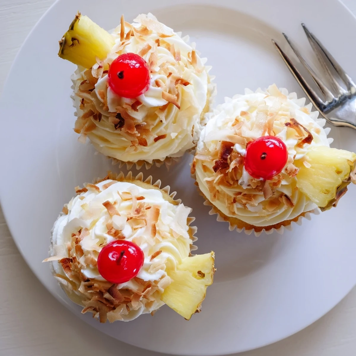 Moist Piña Colada cupcakes swirled with creamy coconut buttercream and sprinkled with golden toasted coconut